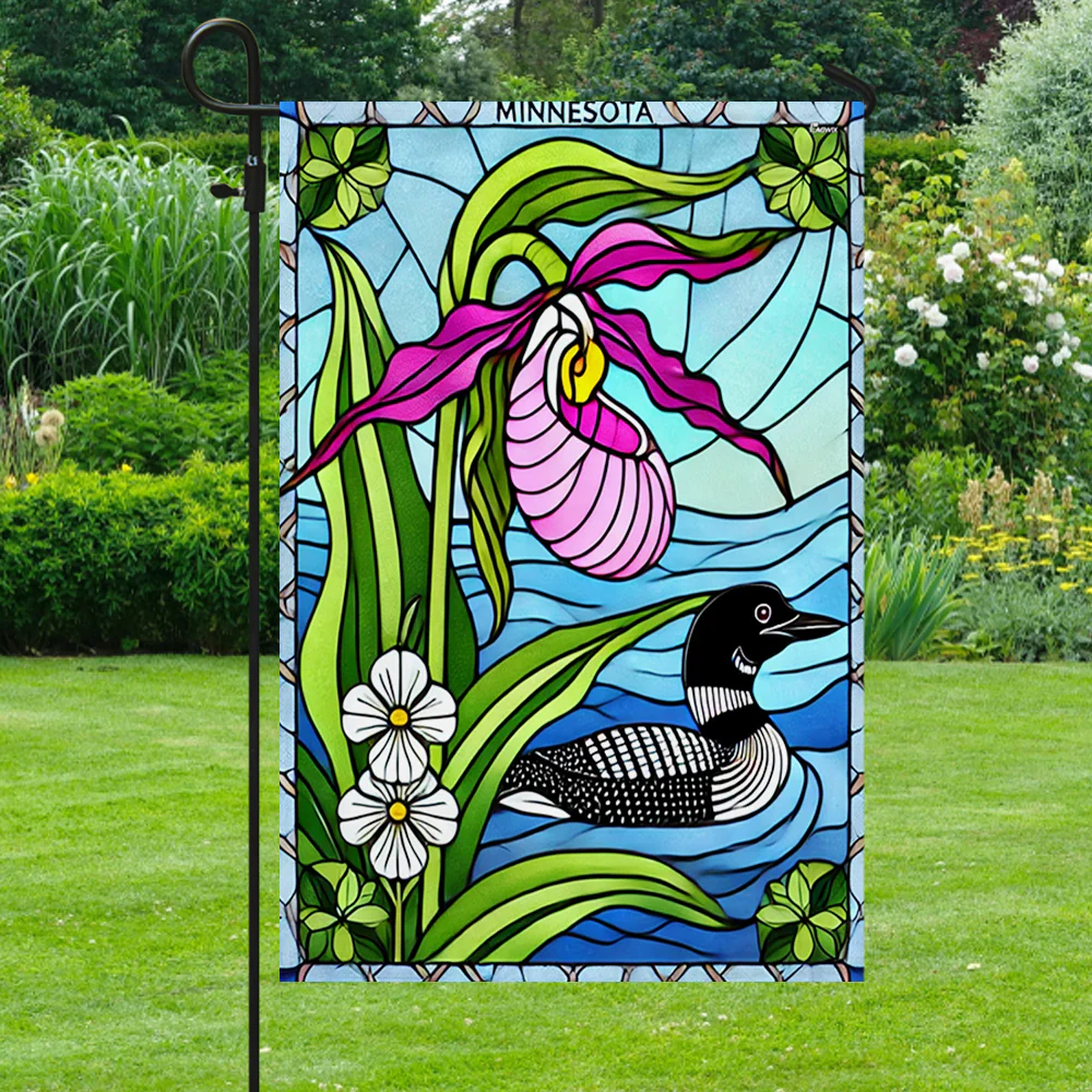 Minnesota State Lady's Slipper Flower and Loon Flag