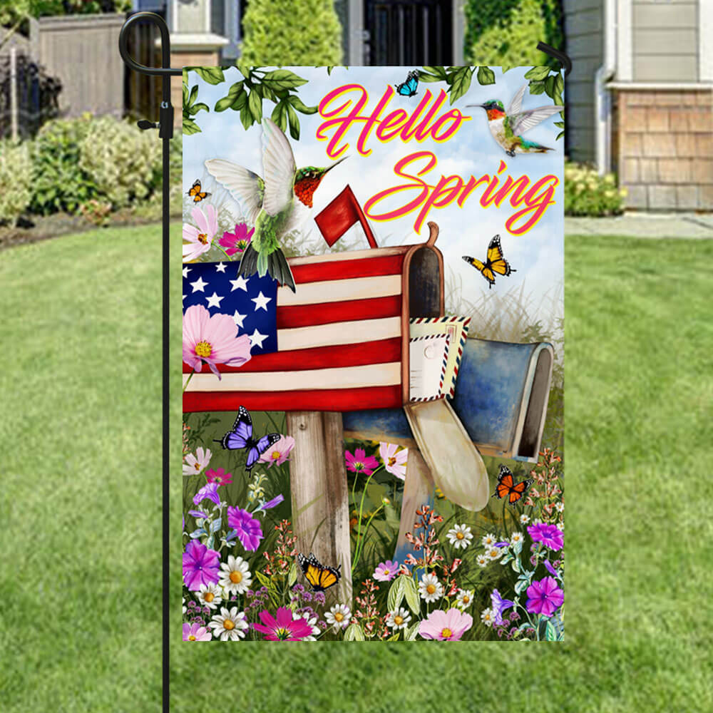 Hello Spring Hummingbird Butterfly American Flag