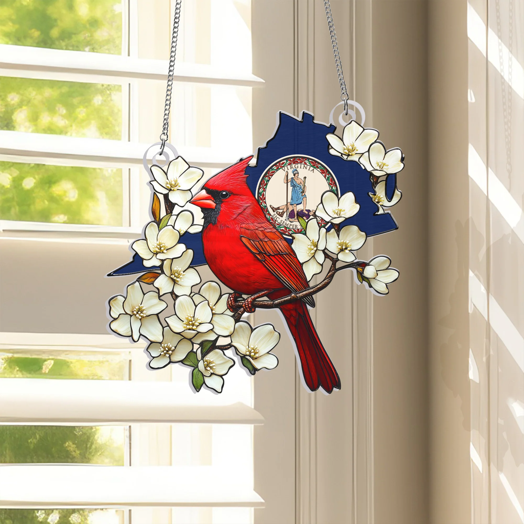 Virginia Cardinal & Flowering Dogwood Suncatcher - Hanging Sign Gift for State Pride & Nature Enthusiasts