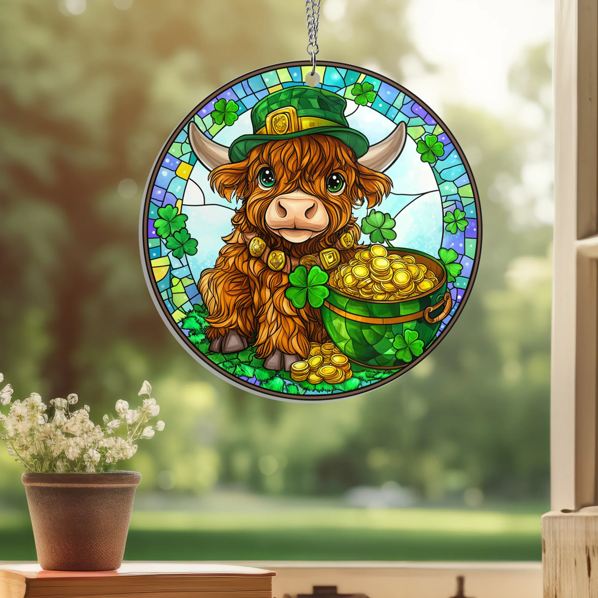 Irish Highland Cow St. Patrick’s Day Acrylic Suncatcher Hanging
