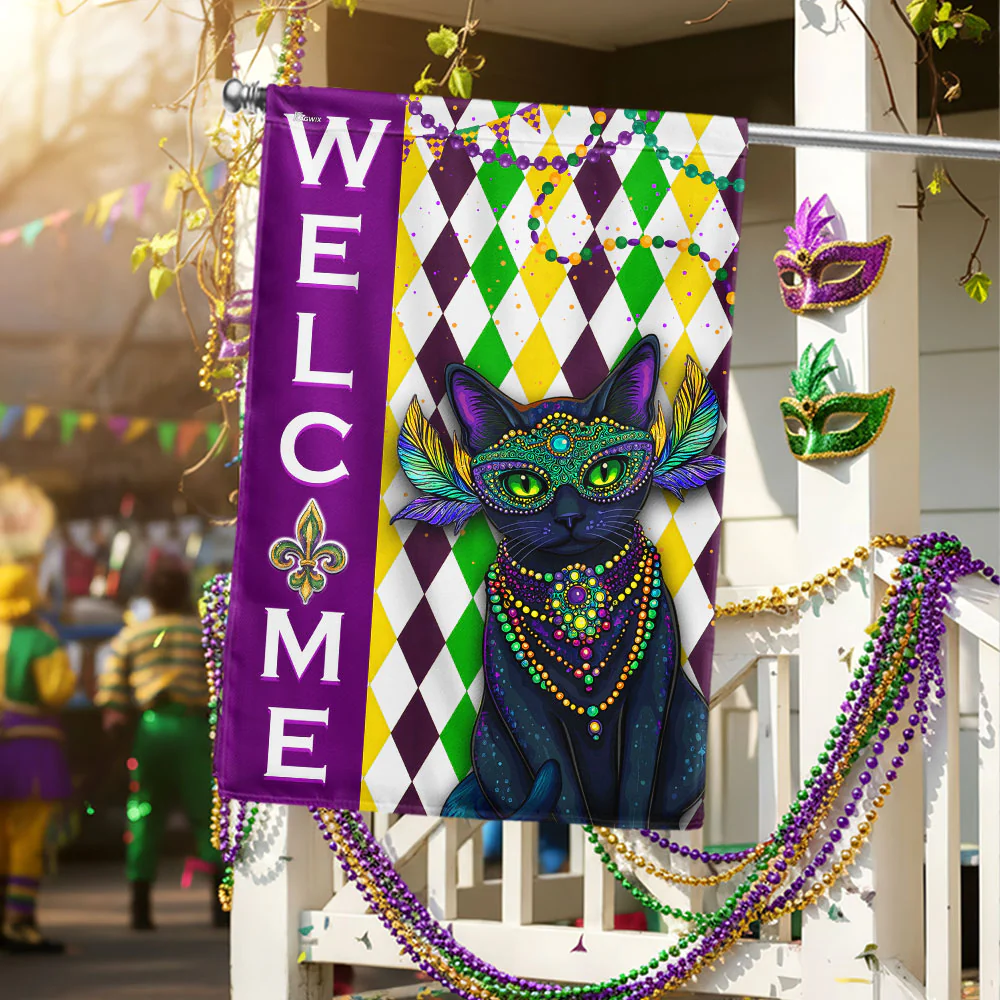 Black Cat Mardi Gras Flag, Happy Mardi Gras with Black Cat Welcome Decor