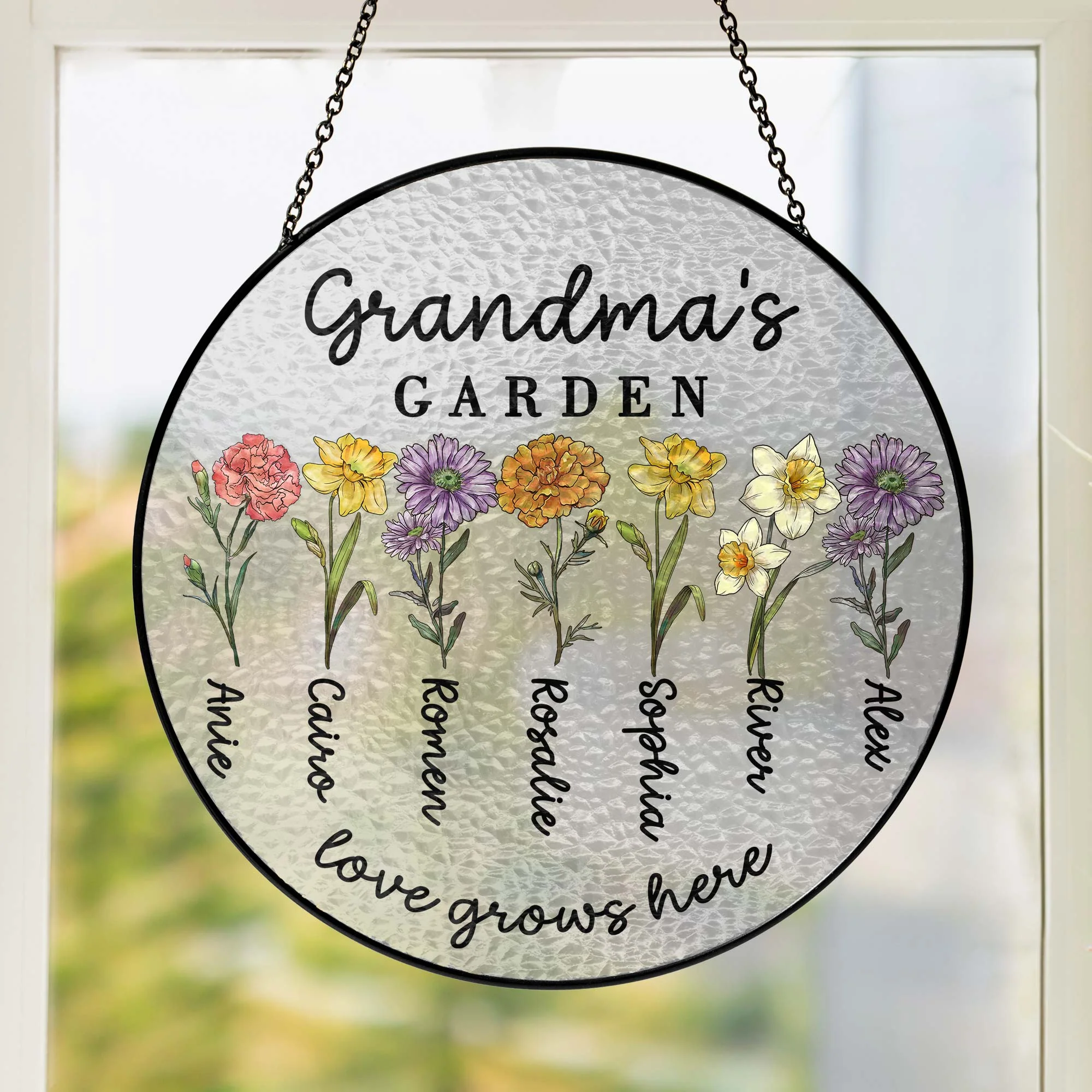 Custom Family Birth Flowers Glass Suncatcher, Custom Grandma's Garden Gift