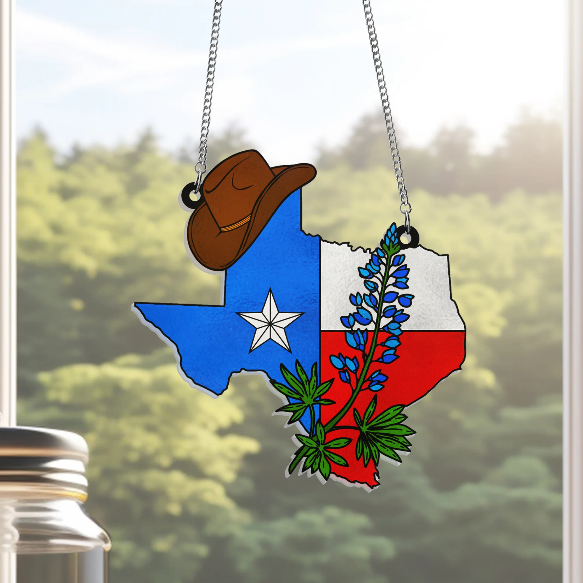 Texas Bluebonnet Cowboy Hat Suncatcher - Acrylic Hanging Gift for Western Home Decor & Nature Lovers