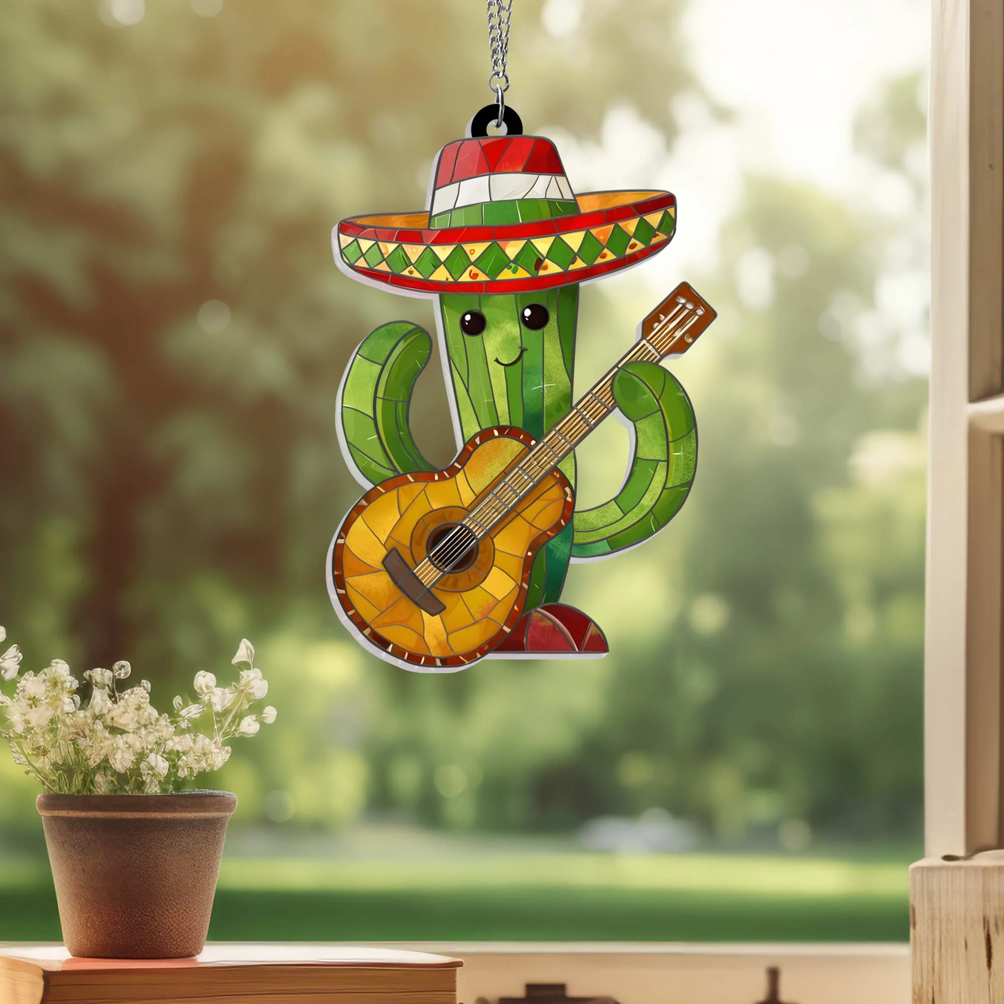 Cinco De Mayo Cactus Wearing Sombrero Guitar Suncatcher Mexican Holiday Acrylic Hanging Sign