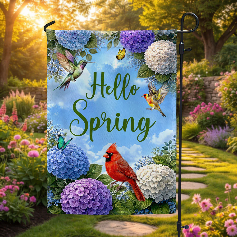 Hello Spring Hummingbird Cardinal Flag, Floral Seasonal Spring Decor
