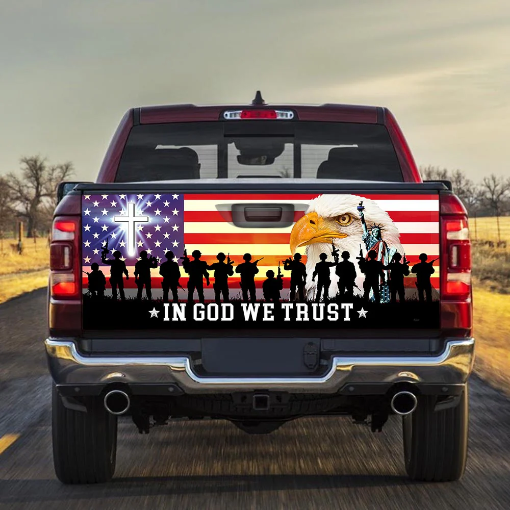 In God We Trust Christian Cross Veterans Day American Eagle Truck Tailgate Decal Wrap