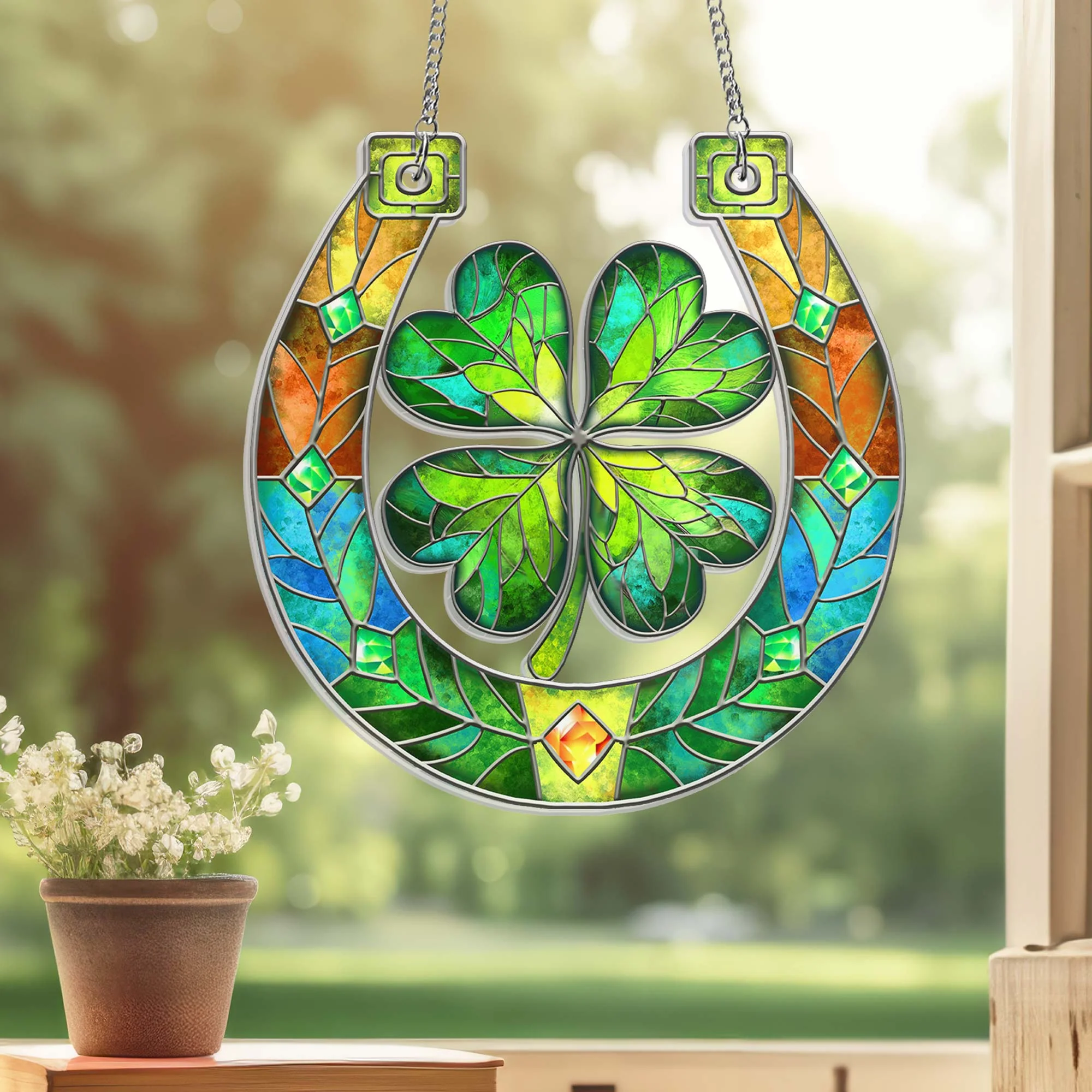 Horseshoe Lucky Clover St. Patrick's Day Suncatcher Hanging Sign