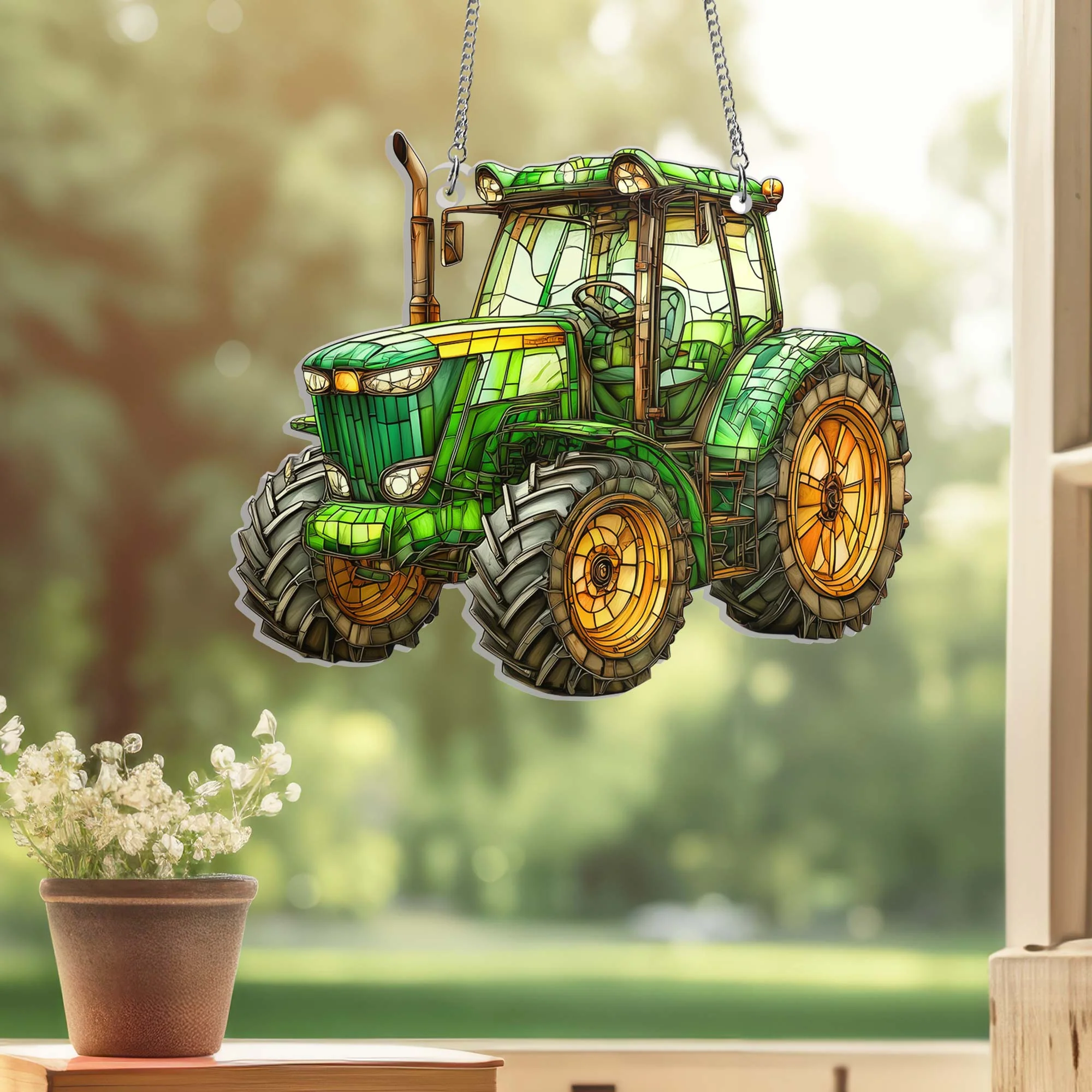 Green Tractor Farmer Acrylic Suncatcher Window Hanging