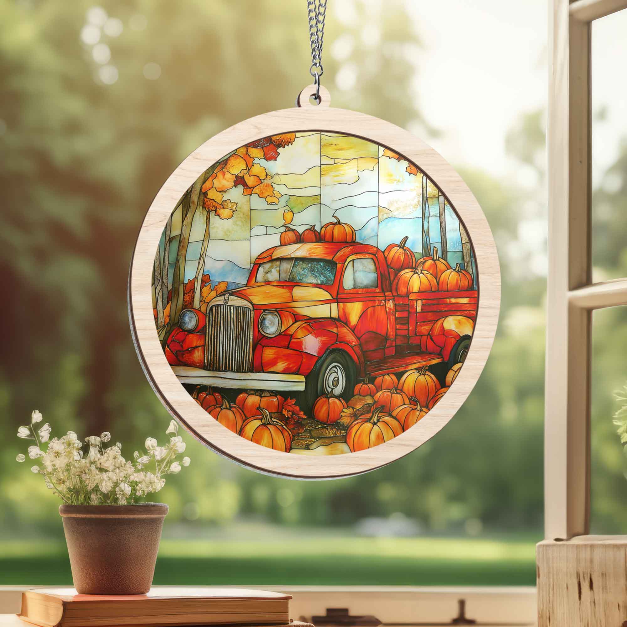 Fall Pumpkin Truck 2 Layered Hanging Suncatcher