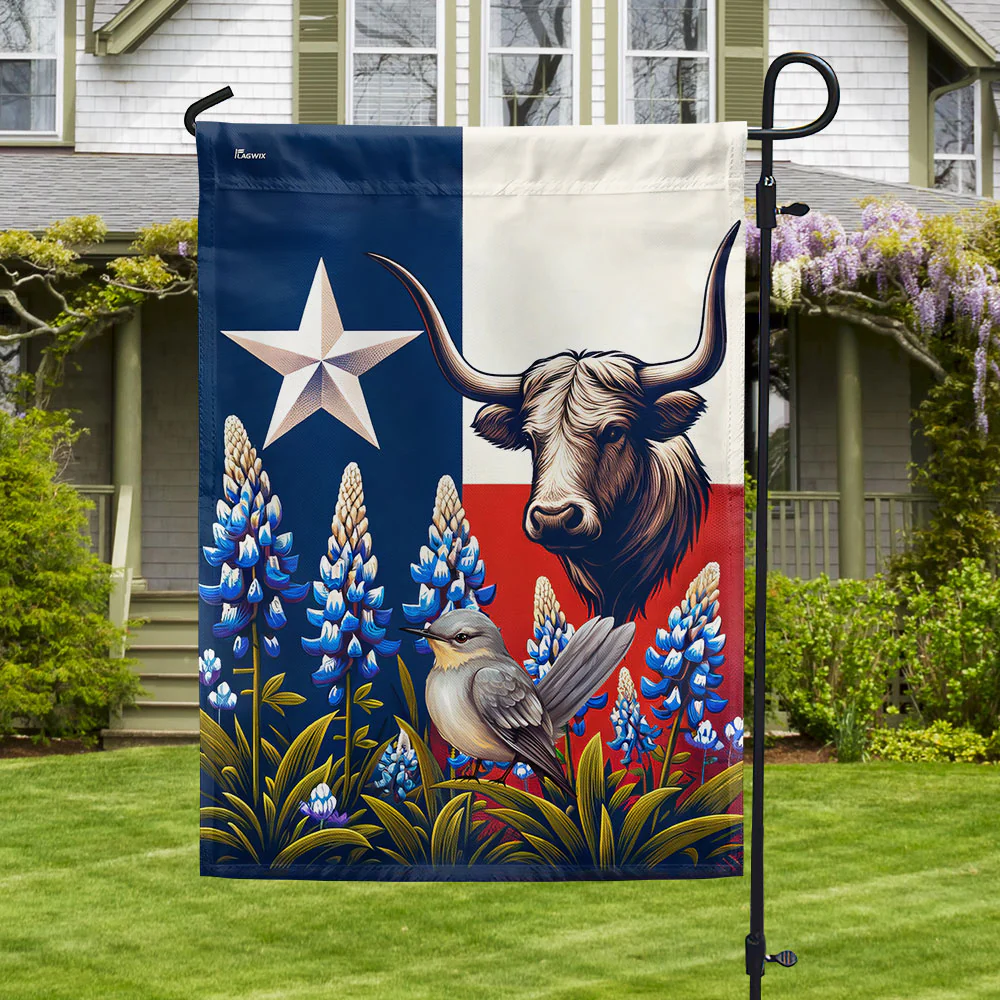 Bimipi  Texas Lone Star State Flag Longhorn Mockingbird and Bluebonnet Flag