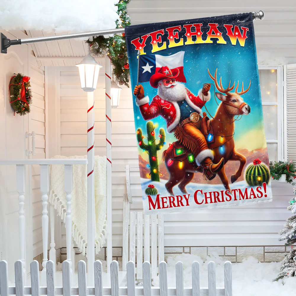 Texas Christmas Cowboy Santa Riding Reindeer Yeehaw Flag  3-Day Shipping