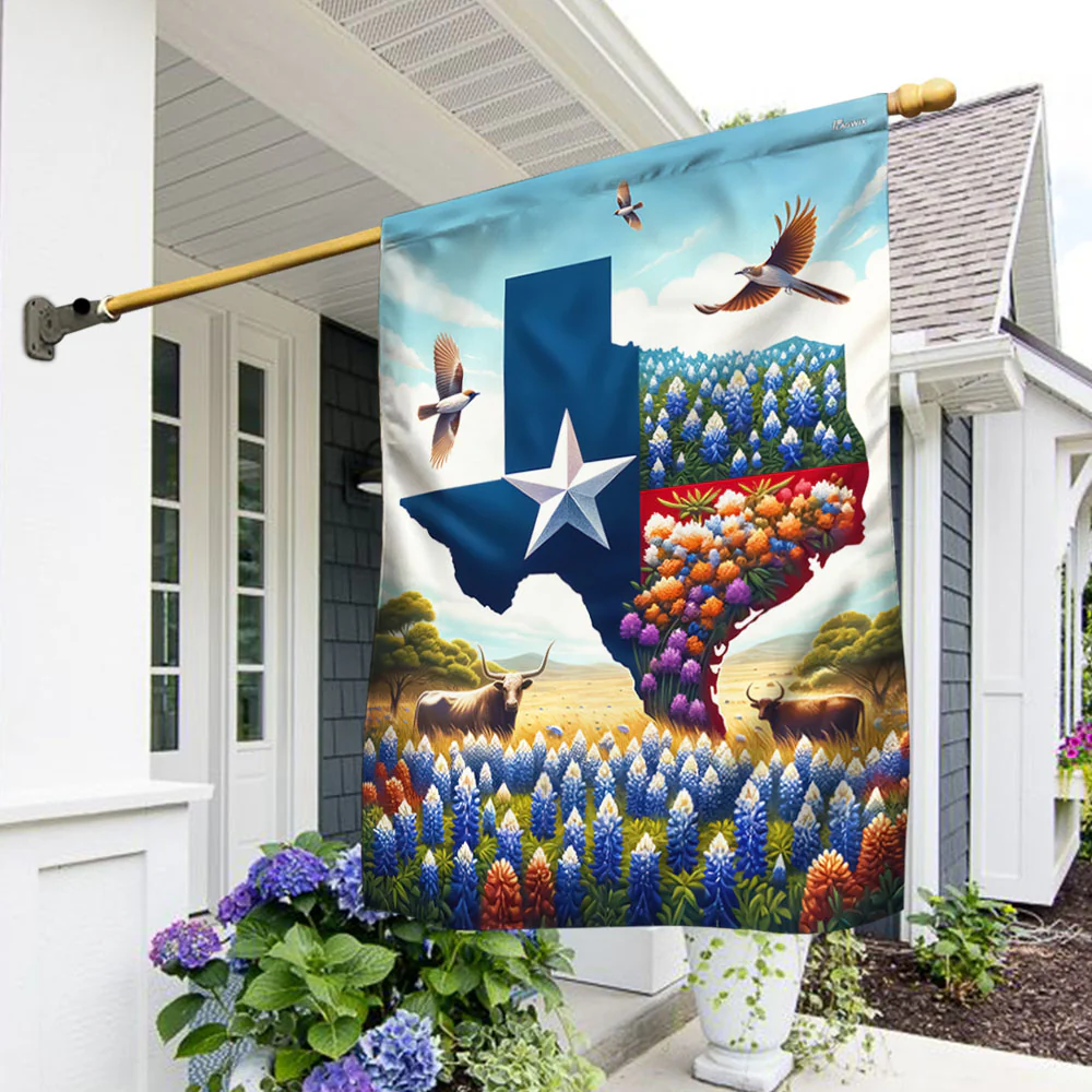 Bimipi Texas Longhorn And Bluebonnet Flag