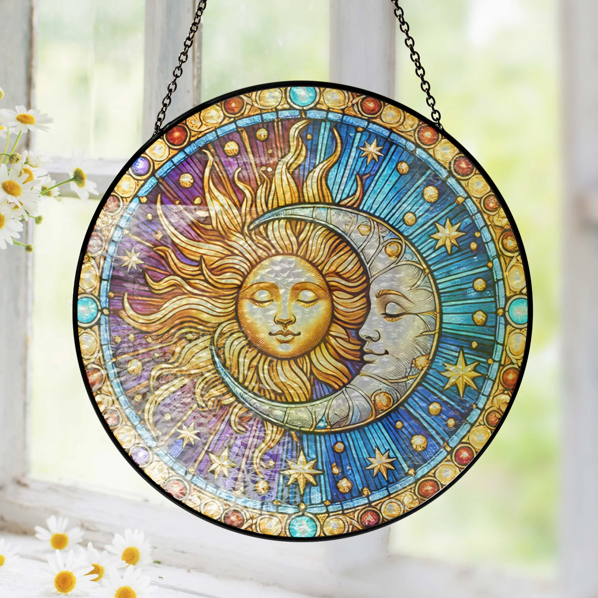 Moon Sun Stained Glass Suncatcher - Colorful Witchcraft Window Art, Handmade Celestial Hanging Ornament for Year-Round Spiritual Home Decor 3-Day Shipping