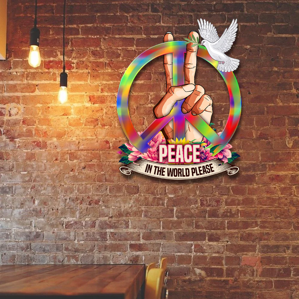 Hippie Hanging Metal Sign Peace In The World Please