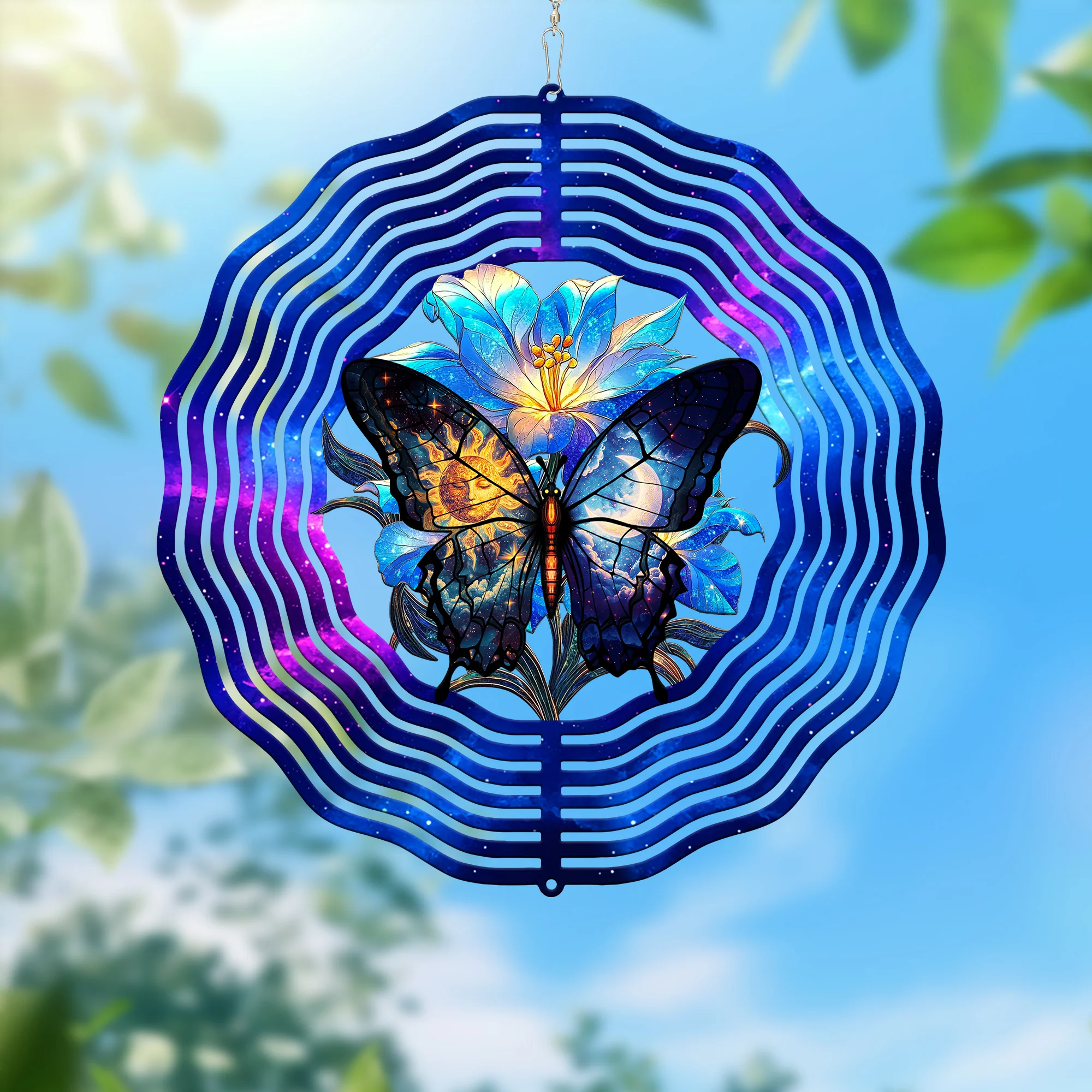 Celestial Butterfly and Blue Lily Flower Wind Spinner