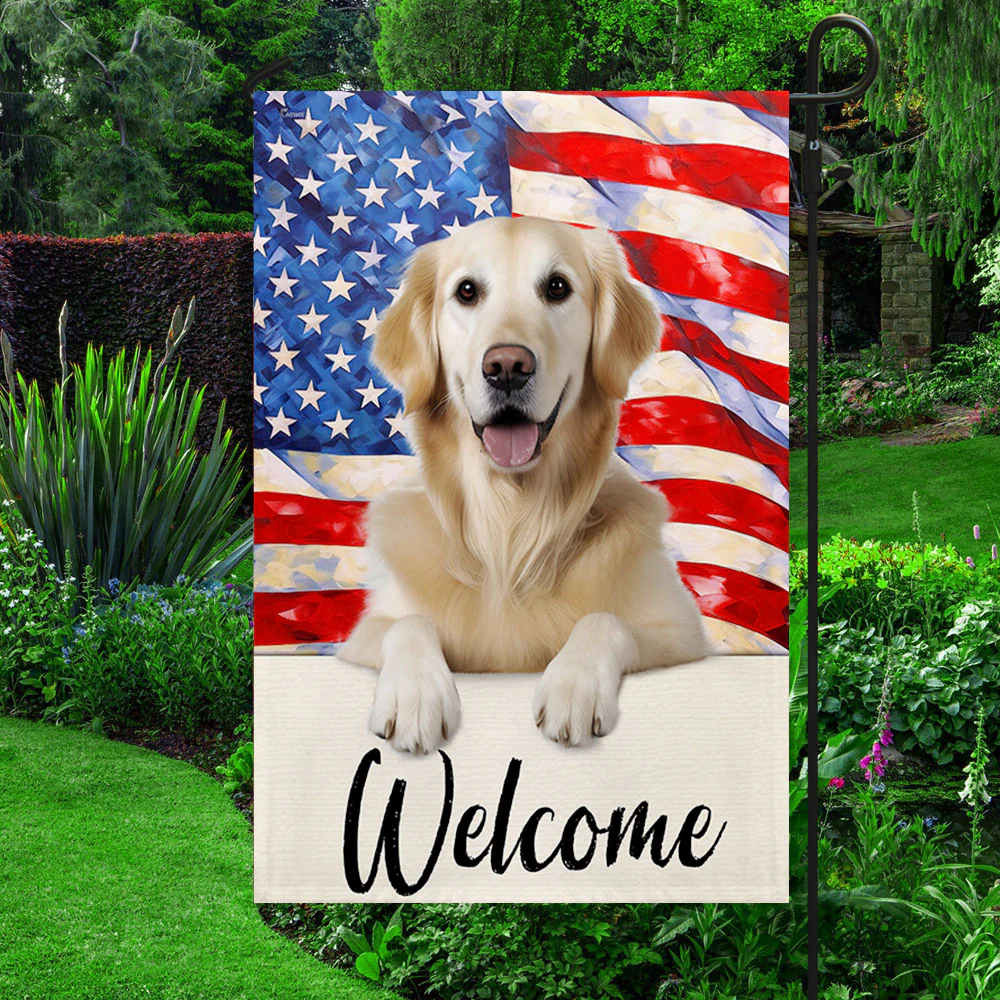Golden Retriever Dog Welcome American Flag