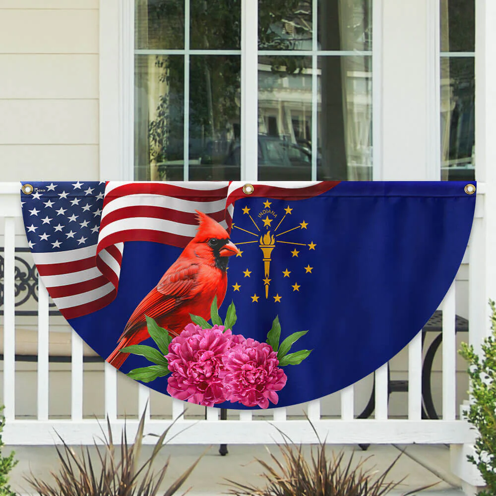 Indiana State Cardinal and Peony Flower Non-Pleated Fan Flag