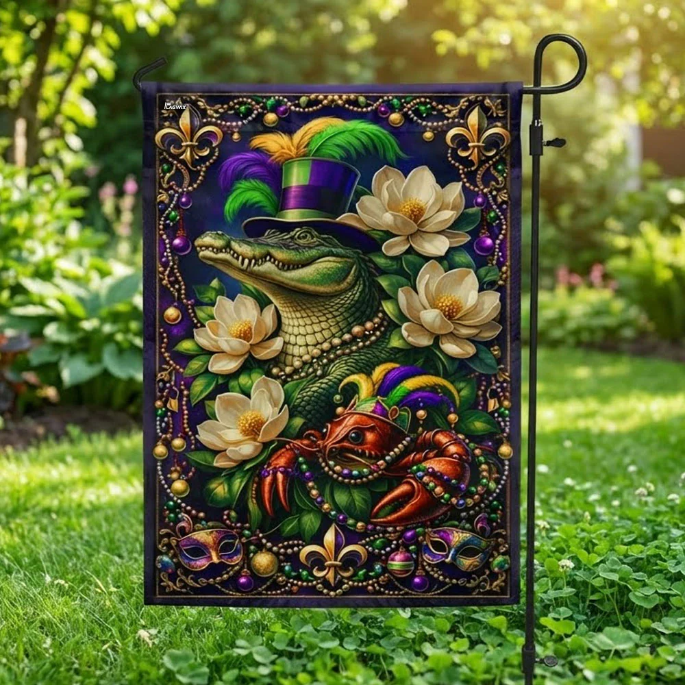Mardi Gras Flag, Louisiana Magnolia Alligator and Crawfish Outdoor Decor