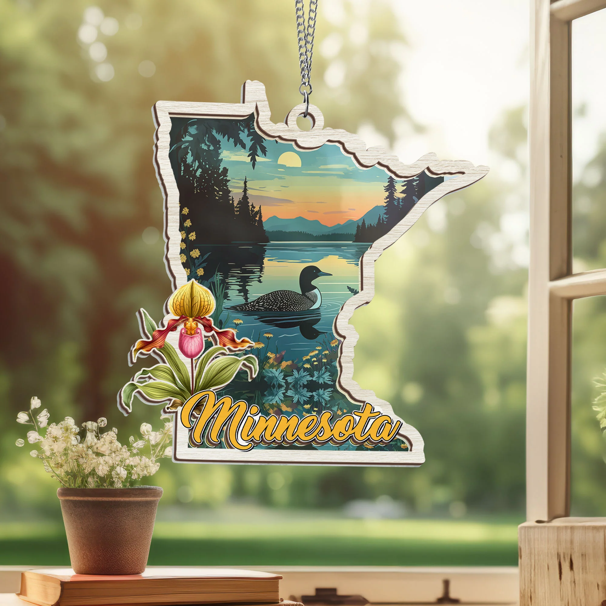 Minnesota State, Lady’s Slipper Flower and Loon Minnesota 2 Layered Hanging Suncatcher