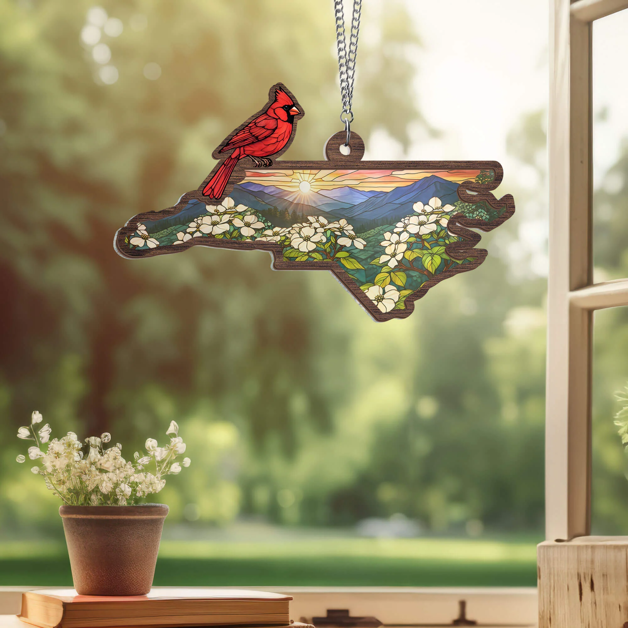 North Carolina State Cardinal and Dogwood Flower 2 Layered Hanging Suncatcher