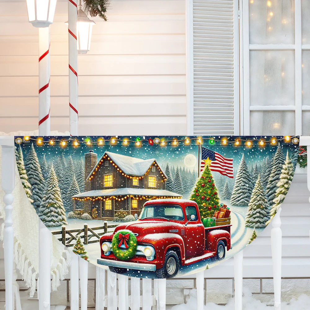 Red Pickup Truck Countryside Christmas Non-Pleated Fan Flag