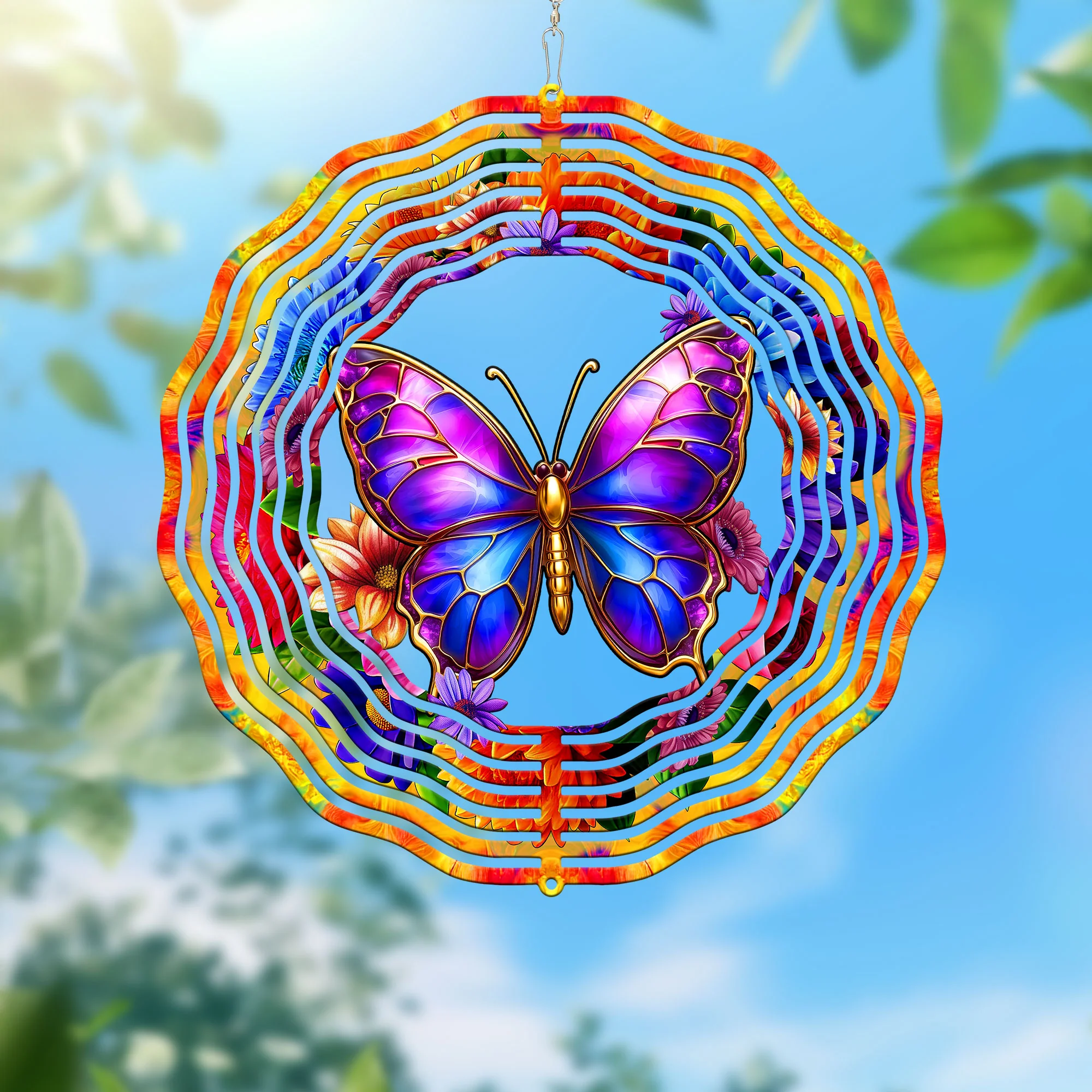 Purple Butterfly Floral Flowers Wind Spinner