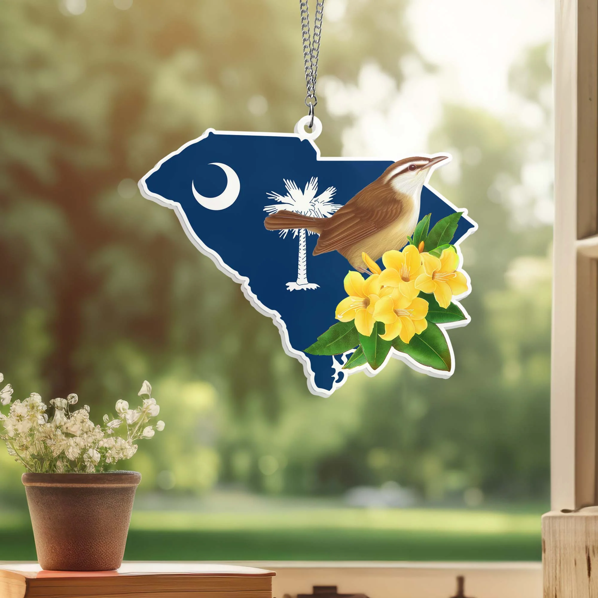 South Carolina Wren and Yellow Jessamine Flower Suncatcher Acrylic Hanging VTM306ASn