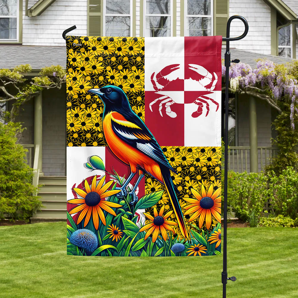 Bimipi Maryland State Baltimore Oriole Bird and Black-eyed Susan Flower Flag