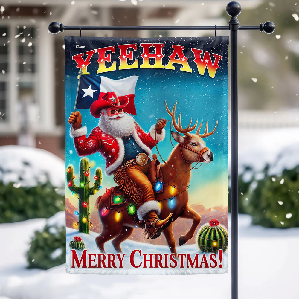 Texas Christmas Cowboy Santa Riding Reindeer Yeehaw Flag  3-Day Shipping