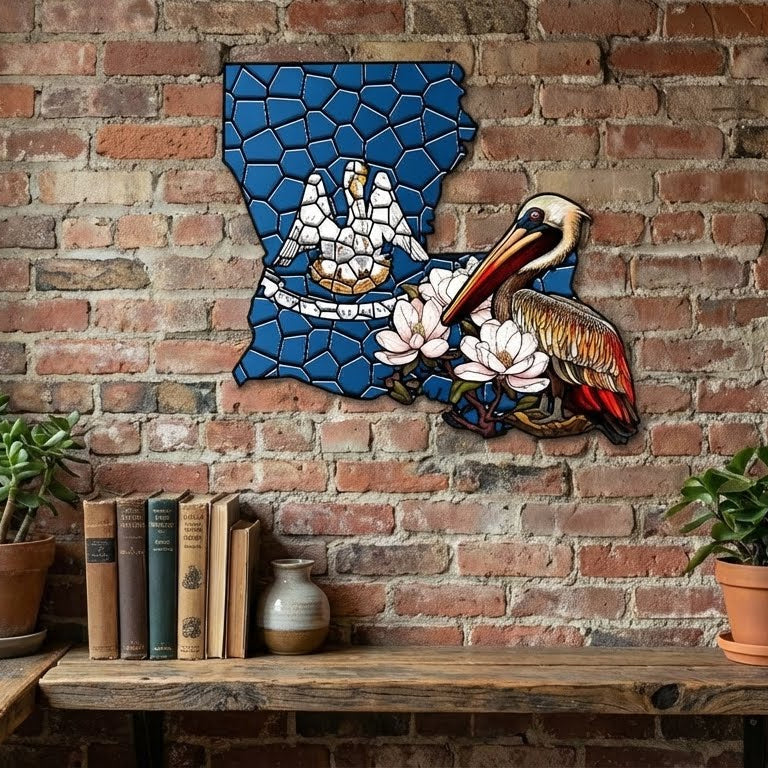 Louisiana Brown Pelican Bird and Magnolia Flower Metal Sign, Mardi Gras Decor