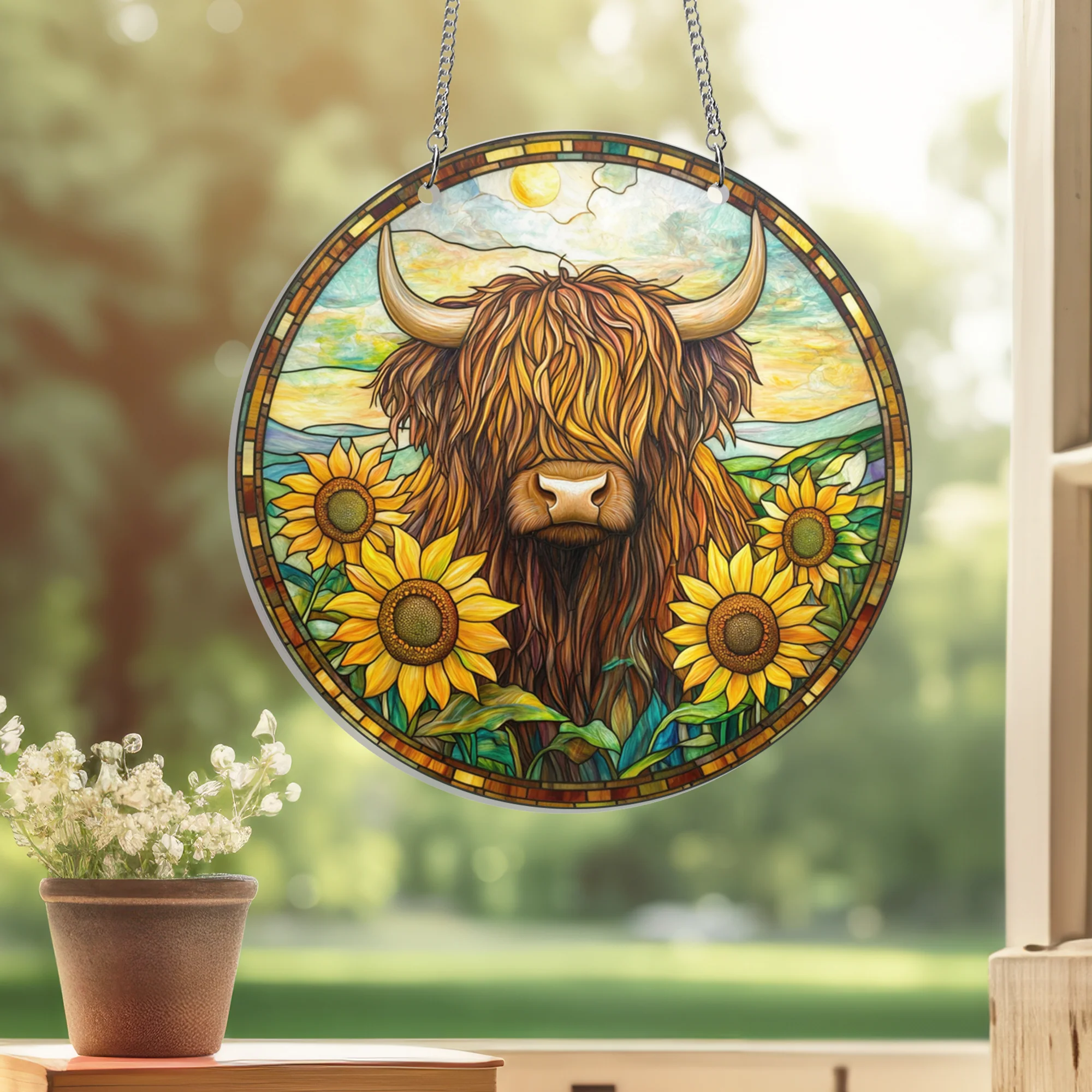 Highland Cow Cattle Sunflower Suncatcher Acrylic Hanging
