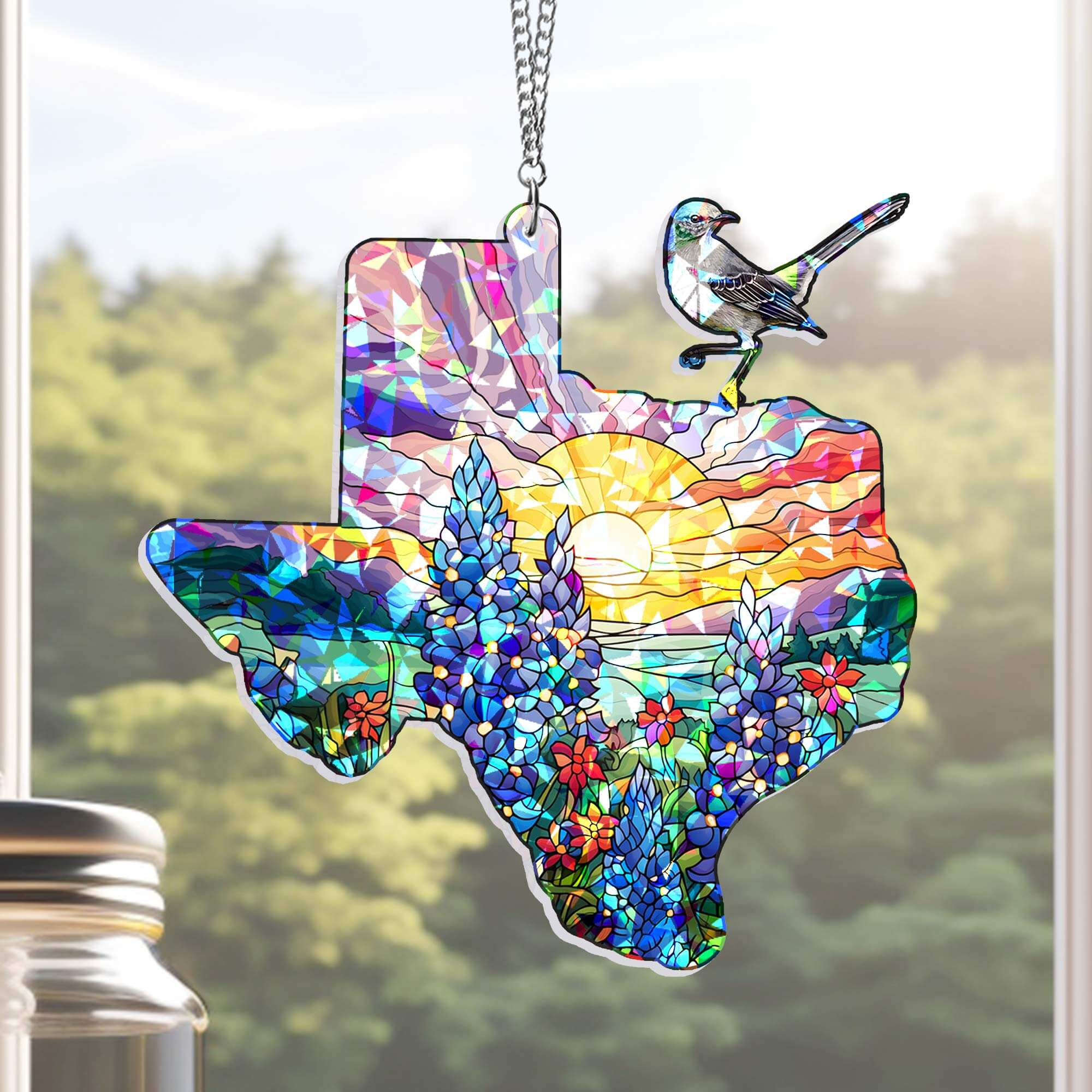 Texas with Northern Mockingbird and Bluebonnet, Texas Hologram Window Hanging