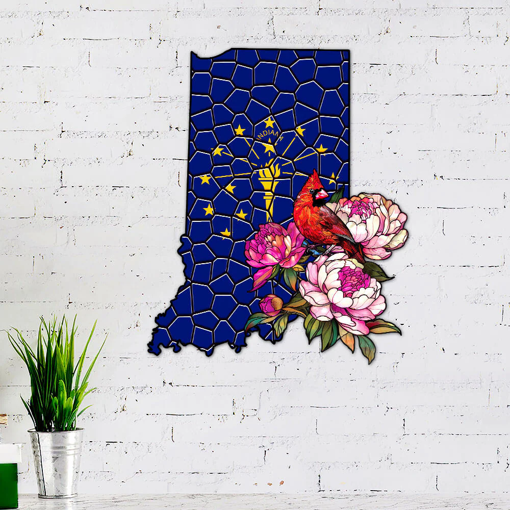 Indiana Cardinal and Peony Flower Hanging Metal Sign, Art Wall Decor
