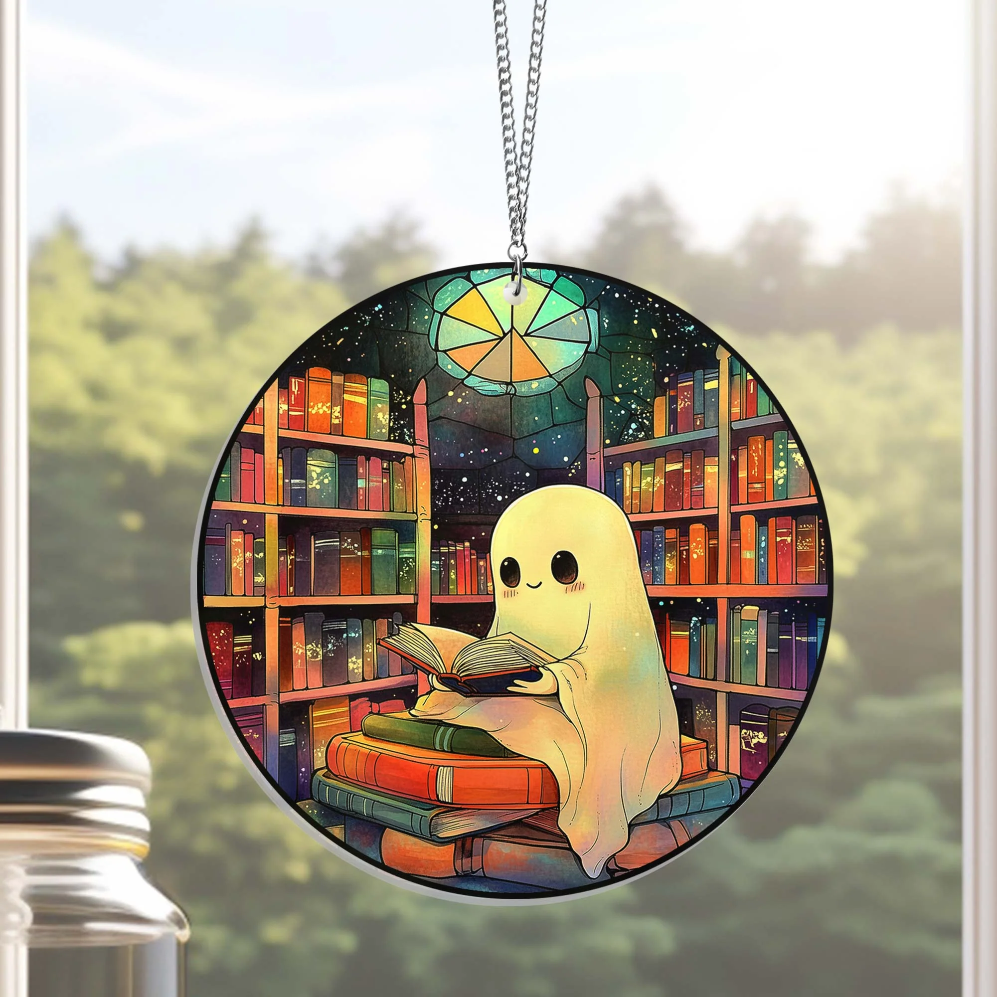 Halloween Ghost Reading Book Suncatcher - Cute Window Hanging for Book Lovers