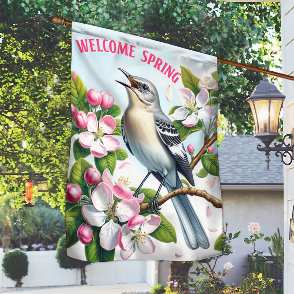 Bimipi Arkansas Welcome Spring Northern Mockingbird and Apple Blossoms Flag
