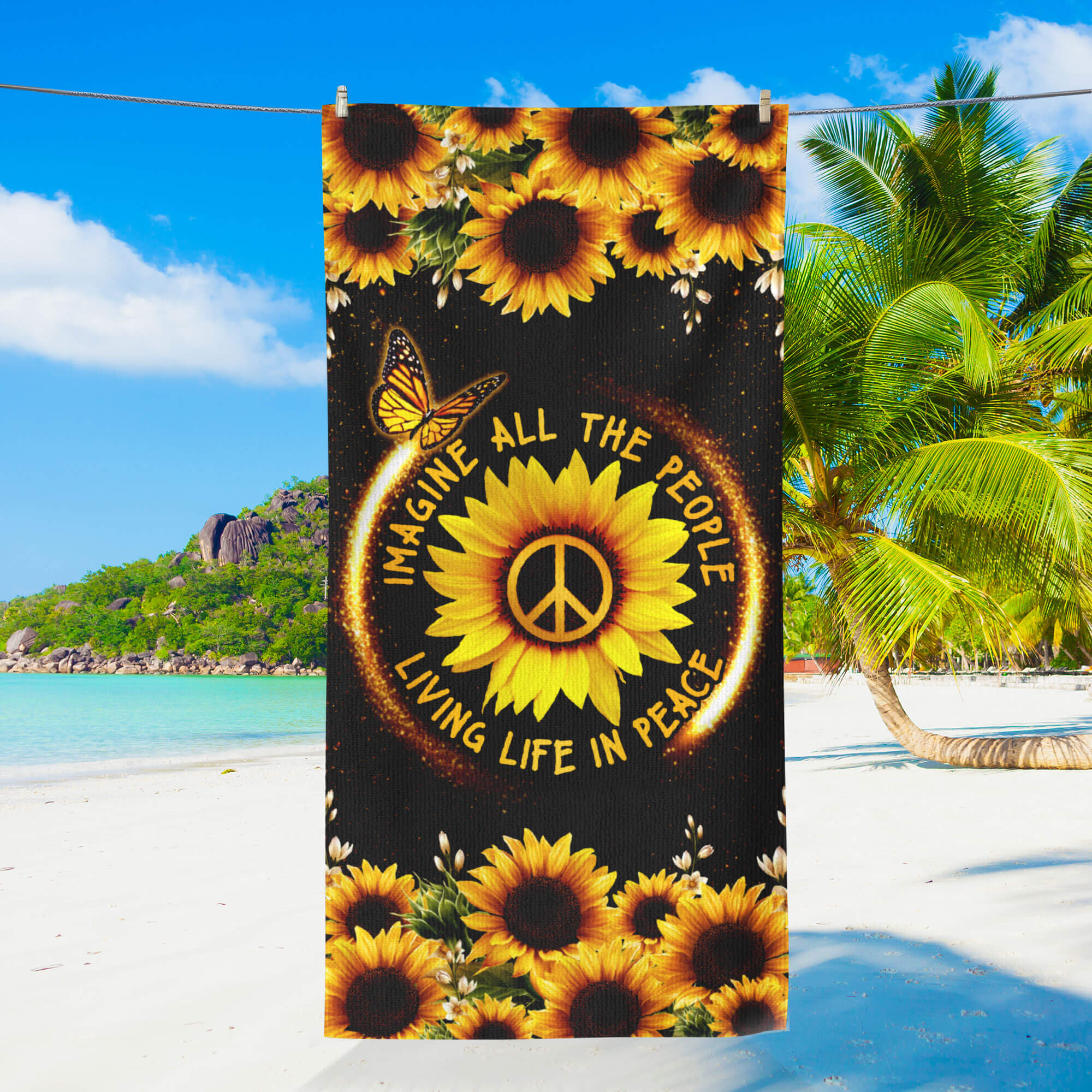 Hippie Sunflower. Imagine All The People Living Life In Peace Beach Towel
