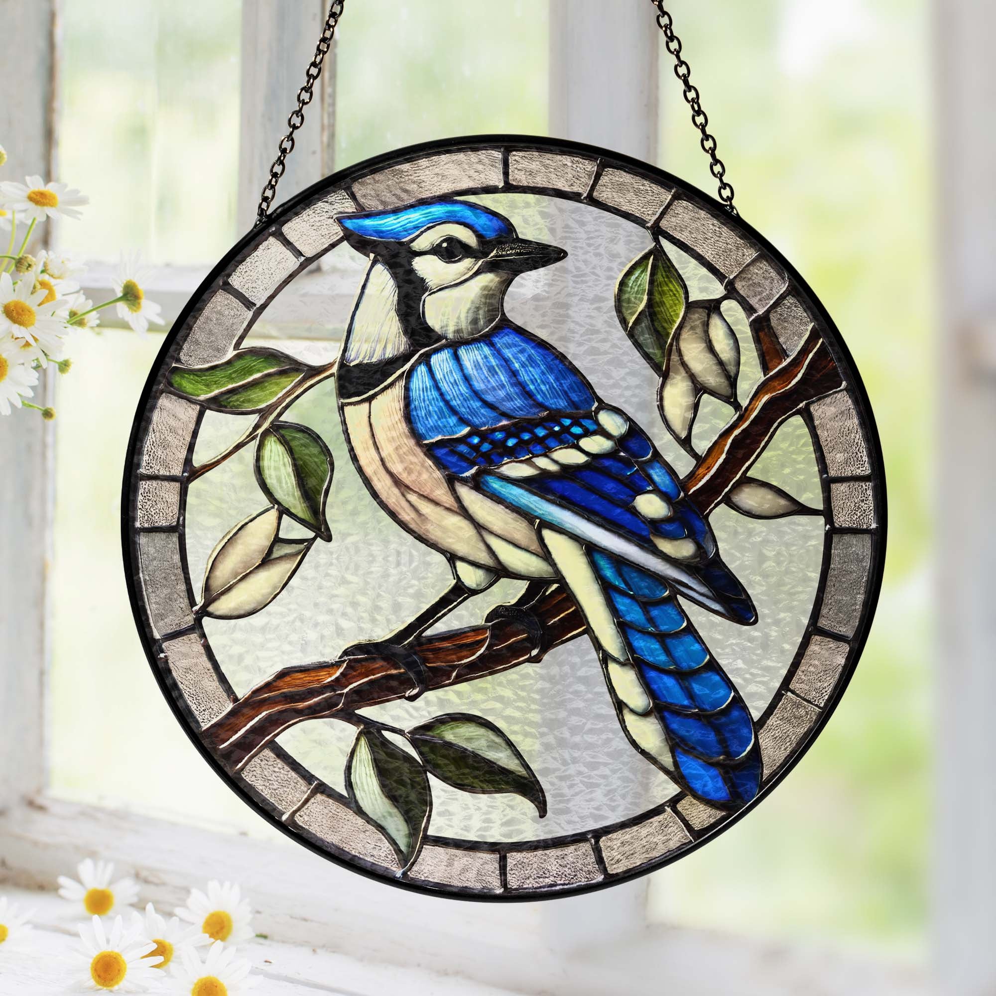 Blue Jay Birdwatching Stained Glass Suncatcher