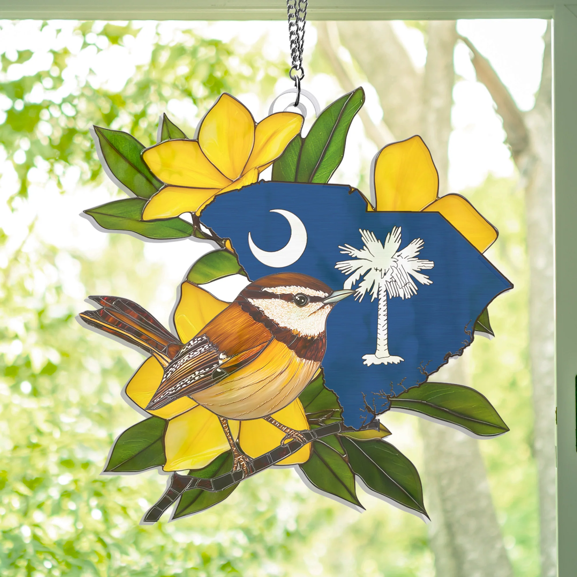 South Carolina With Carolina Wren Bird Suncatcher Acrylic Hanging