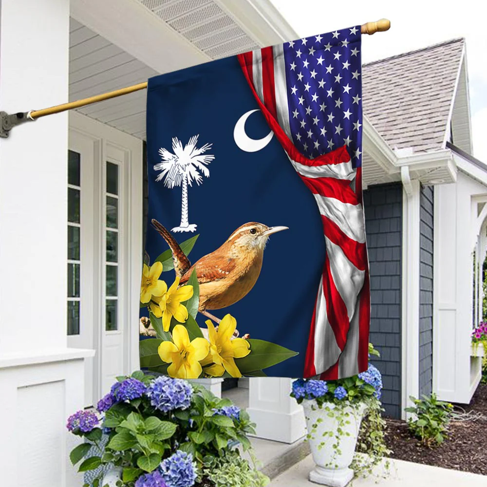 Bimipi American Flag - Carolina Wren Bird and Yellow Jessamine Flower, South Carolina American Flag TPT928Fv2