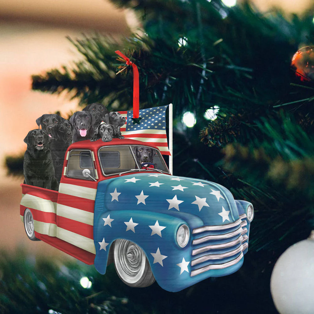 Christmas Ornament, Black Labrador Retrievers in American Flag Truck Ornament