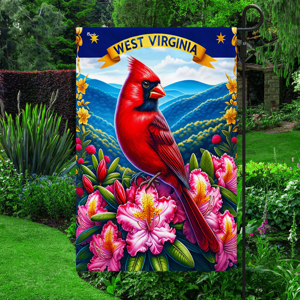 West Virginia Cardinal on a Blooming Rhododendron Branch with  Appalachian Mountains Flag