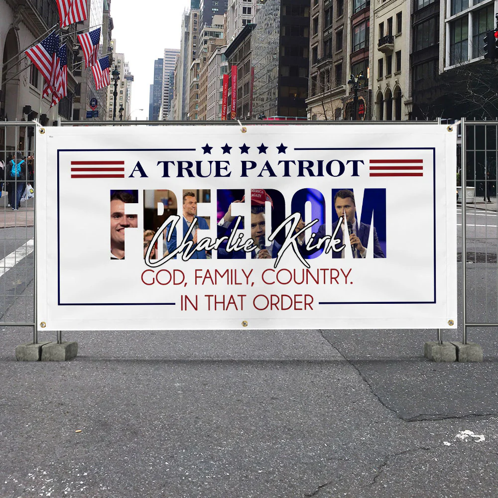 Charlie Kirk Tribute Fence Banner God Family Country
