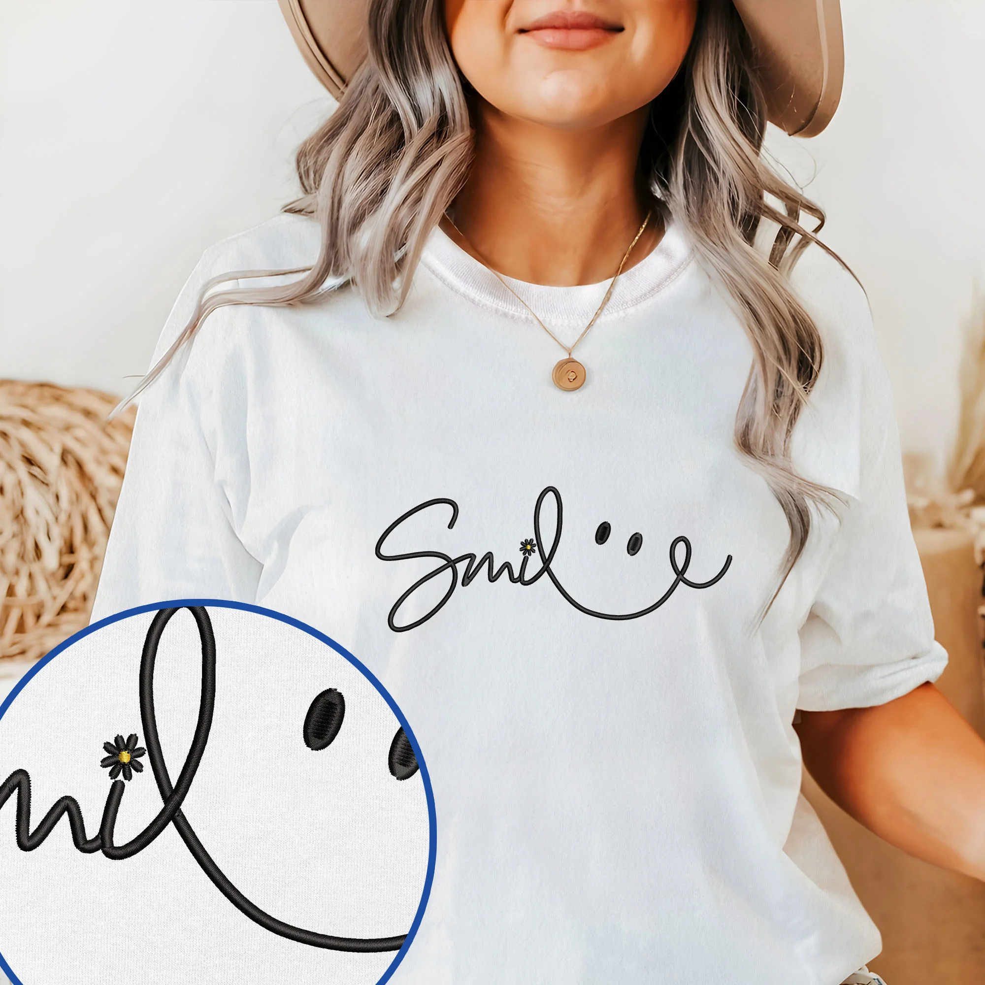 Smile Be Happy Positive Embroidered T-Shirt