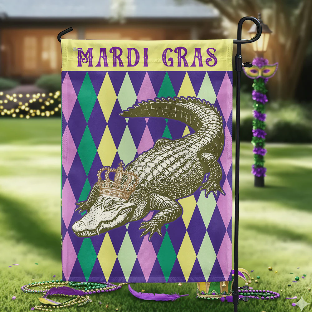 Alligator Happy Mardi Gras Grommet Flag, Louisiana Fat Tuesday Flag