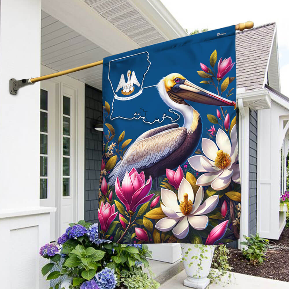 Bimipi Louisiana State Brown Pelican Bird and Magnolia Flower Flag