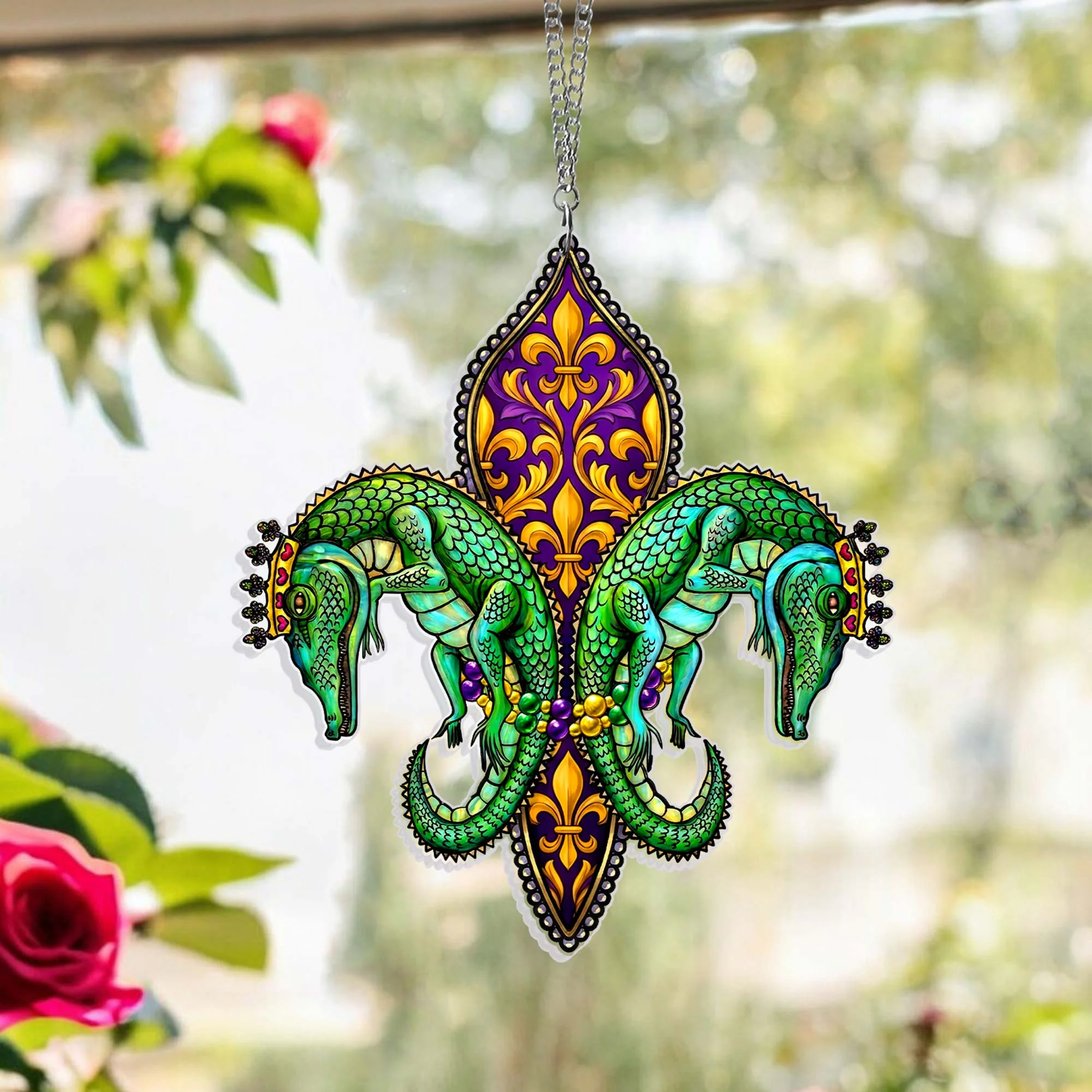NOLA Mardi Gras Suncatcher, Louisiana Fleur de Lis Alligator Acrylic Decor