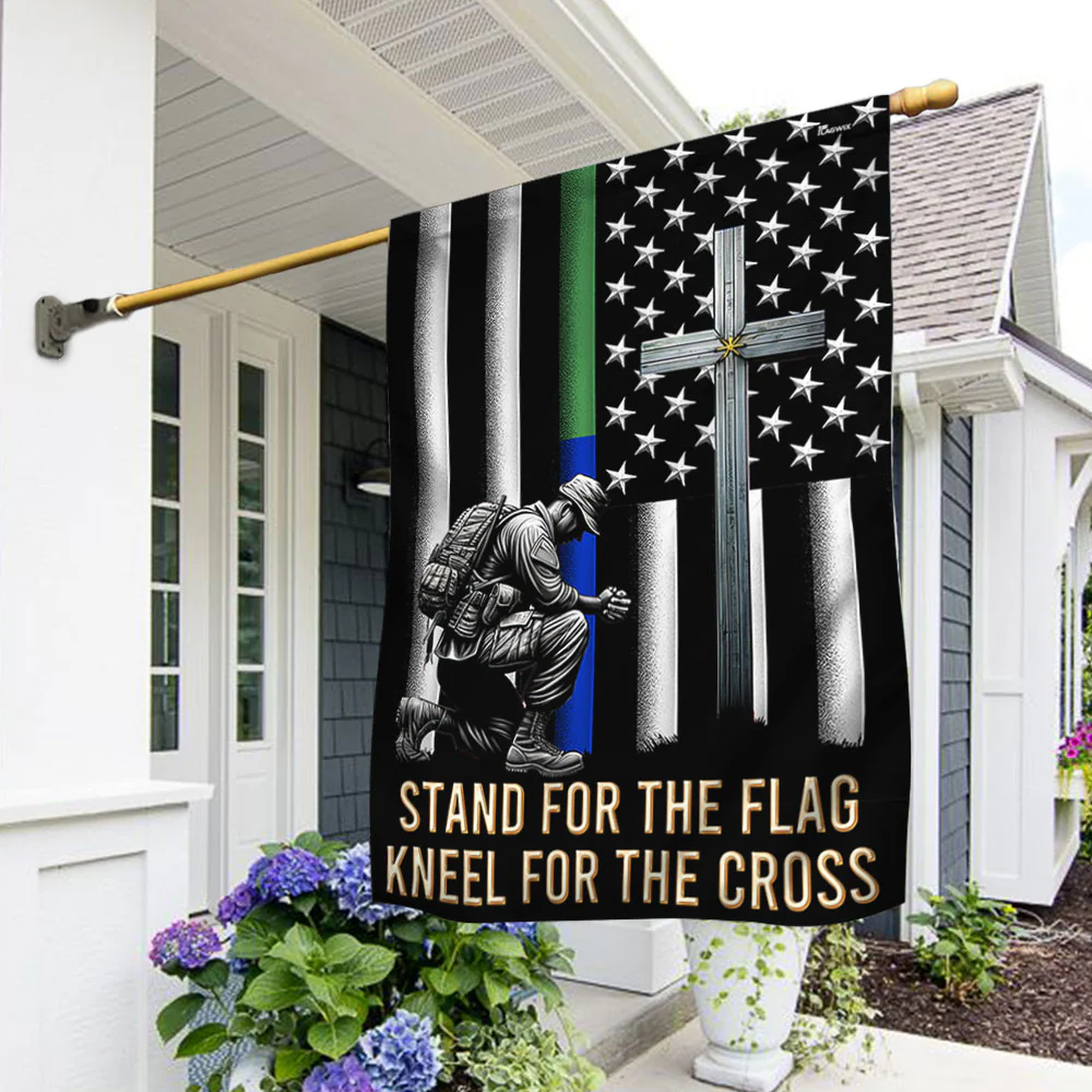 Bimipi  Veteran Kneeling Christ Cross Thin Green & Blue Line American Flag MLN2286Fv1