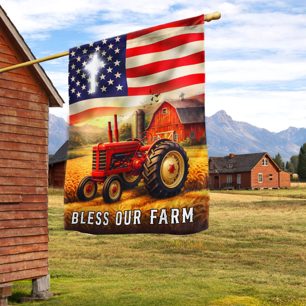Patriotic Bless Our Farm Outdoor Flag, Tractor Red Barn American Flag