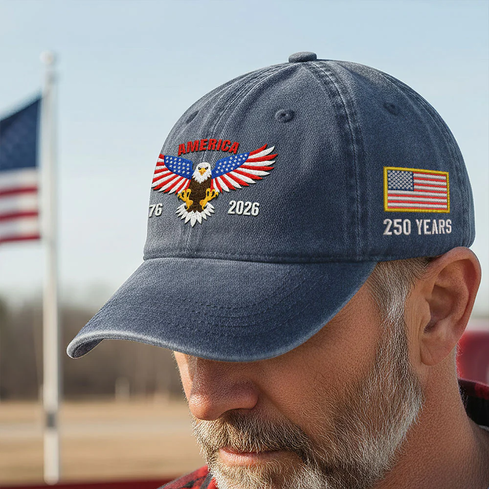 Patriotic 250 Years Washed Cap with Embroidered 1776 2026 American Flag