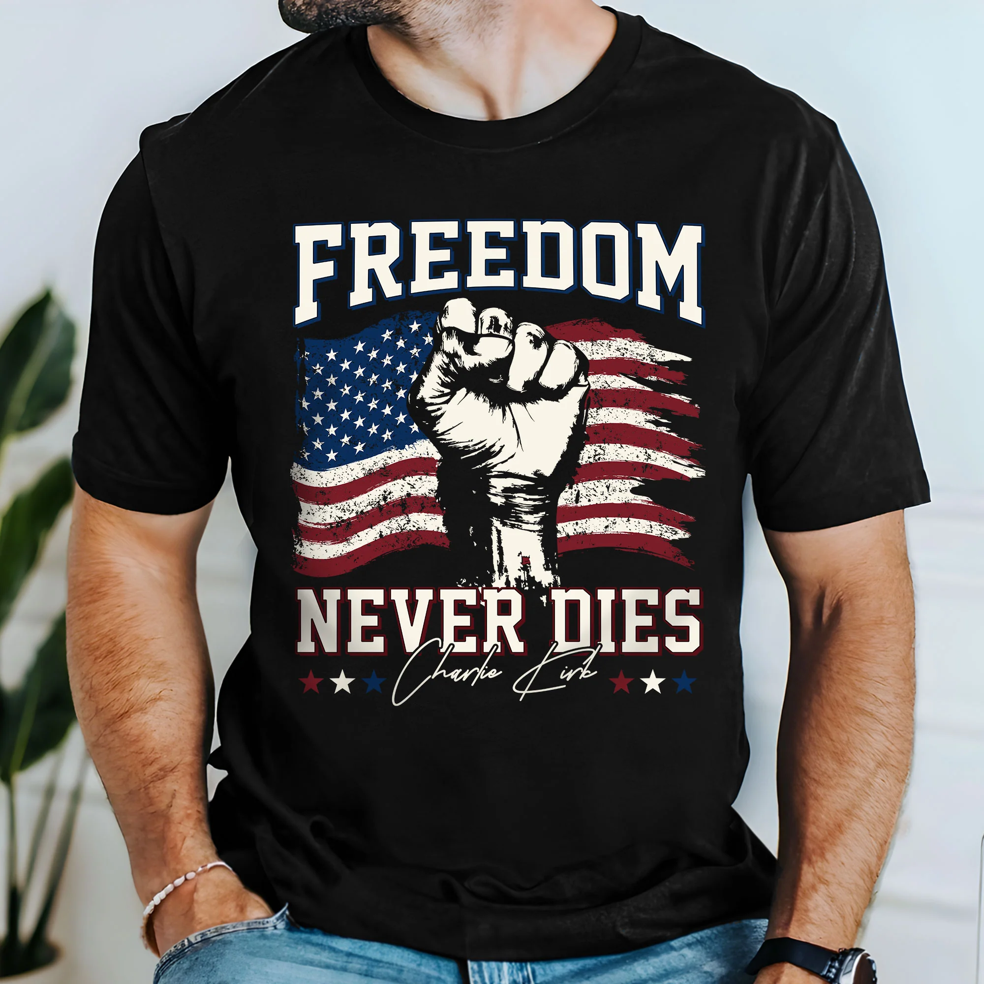 Charlie Kirk Freedom Never Dies American Flag Patriotic Shirt